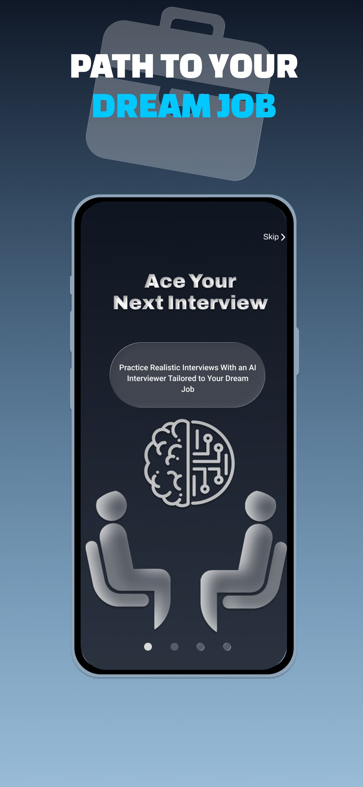 App onboarding screen reading Ace Your Next Interview, offering realistic AI interview practice tailored to your dream job