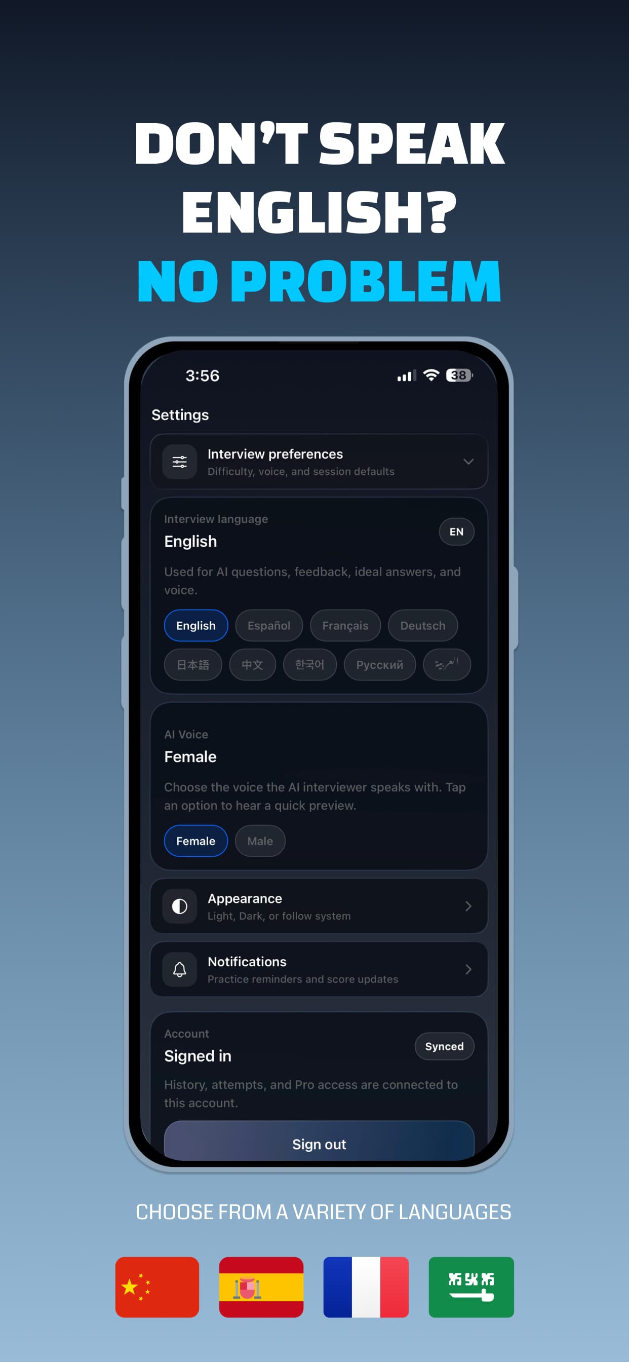 Settings screen for choosing the interview language from English, Spanish, French, German, Japanese, Chinese, Korean, Russian, and Arabic, plus the AI interviewer voice
