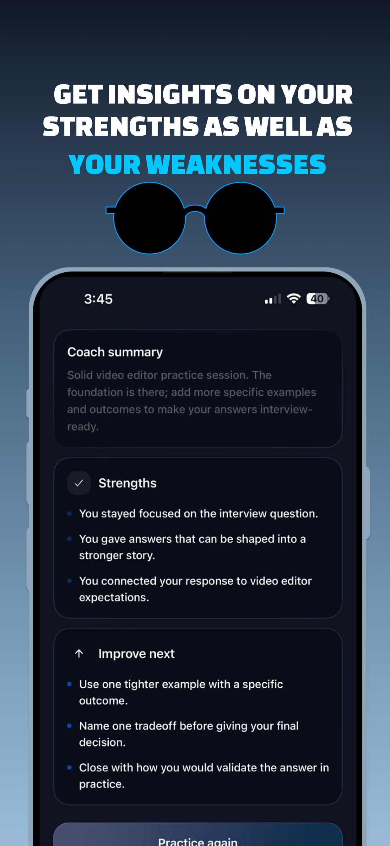 Coach summary screen listing your strengths alongside specific points to improve next time