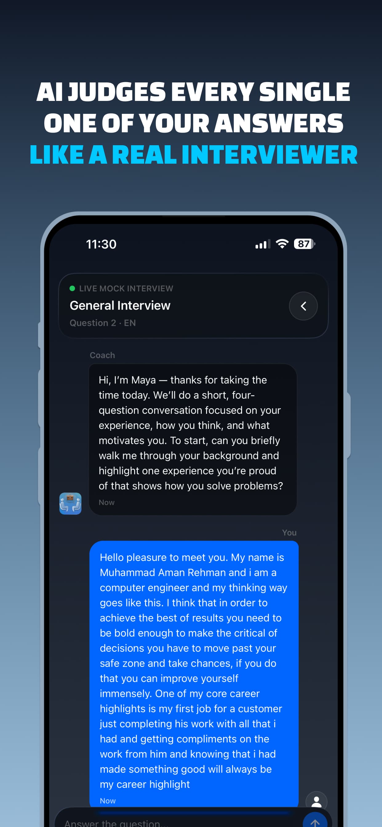A live mock interview in progress, with the AI coach asking a general interview question and the candidate's spoken answer below it